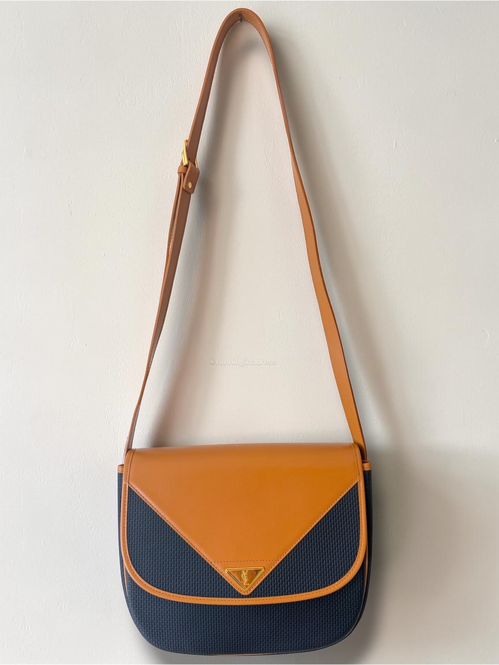 Deadstock Vintage Saint Laurent Triangle Crossbody Navy Woven Tan Canvas Leather